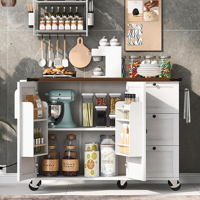 54.5" Farmhouse Island with Power Outlet & Drop Leaf, Rolling Kitchen Cart on Wheels w/Internal Storage, Spice, Towel Rack and Drawers, for Home, Dining Room, White, 54.5 Inch - LeafyLoom