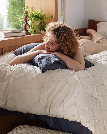 Bedsure Twin XL Comforter Set - Beige Twin Extra Long Comforter Set for College, Shabby Chic Dorm Bedding Set, 2 Pieces Boho Farmhouse Bed Set, includes 1 Pillow Sham - LeafyLoom