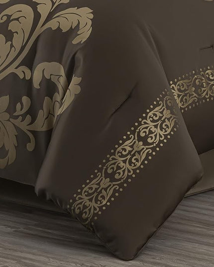 Chezmoi Collection Royale 7-Piece Jacquard Floral Comforter Set, Oversized Queen, Coffee/Gold - LeafyLoom