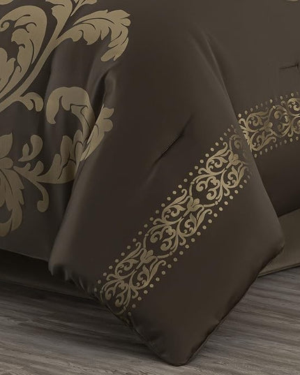 Chezmoi Collection 7-Piece Jacquard Floral Comforter Set (California King, Coffee/Gold) - LeafyLoom