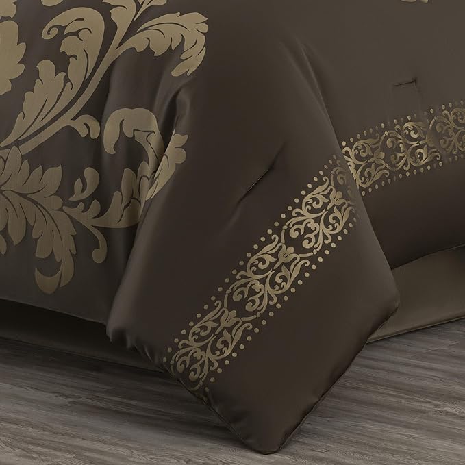 Chezmoi Collection 7-Piece Jacquard Floral Comforter Set (King, Coffee/Gold) - LeafyLoom