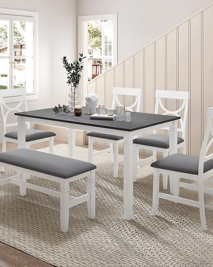 Kitchen Table and Chairs for 6, Rustic Style Dining Table Set, 6-Piece Rectangular Kitchen Table and 4 Upholstered Chairs & Bench for Dining Room, Living Room and Kitchen, Brown+Whitewash - LeafyLoom