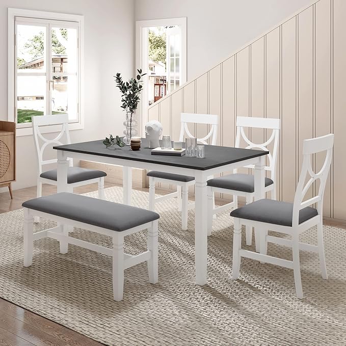 Kitchen Table and Chairs for 6, Rustic Style Dining Table Set, 6-Piece Rectangular Kitchen Table and 4 Upholstered Chairs & Bench for Dining Room, Living Room and Kitchen, Brown+Whitewash - LeafyLoom