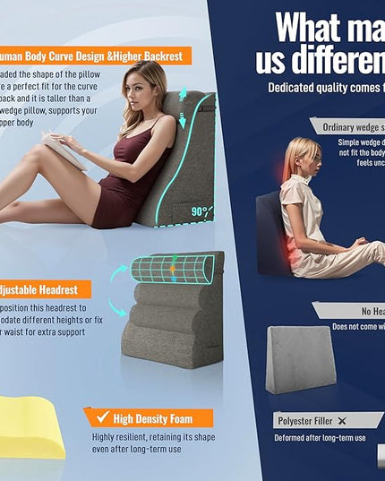 Reading Pillows for Sitting in Bed Adult Back Pillow for Bed Sitting Up, Back Support Pillow for Bed with Adjustable Roller, Foam Wedge Pillow for Neck, Lumbar, Back, Gray, 20 * 12 * 26IN - LeafyLoom