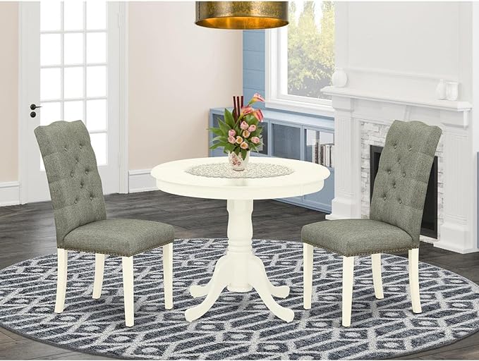 East West Furniture ANEL3-LWH-07 Antique 3 Piece Modern Dining Set Contains a Round Kitchen Table with Pedestal and 2 Smoke Linen Fabric Upholstered Parson Chairs, 36x36 Inch - LeafyLoom