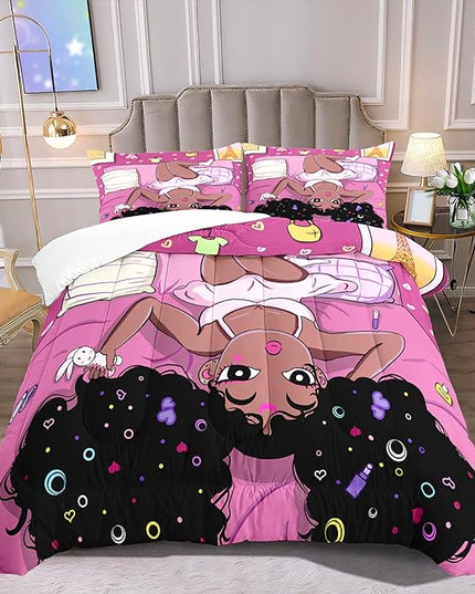 Black Girl Comforter Set African American Girls Full Comforter Set, Black Girl Full Size Girls Bedding Set, Black Girl Full Size Comforter Sets for Teen Adults, Pink, 1 Comforter+2 Pillowcases - LeafyLoom