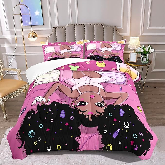 Black Girl Comforter Set African American Black Girls Comforter Set Twin Size Black Girls Twin Comforter Set for Girls Black Girl Bedding Sets Twin Size, Pink, 1 Comforter 1 Pillowcase - LeafyLoom