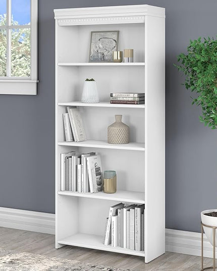 Bush Furniture Fairview Tall 5 Shelf Bookcase in Pure White and Shiplap Gray - LeafyLoom