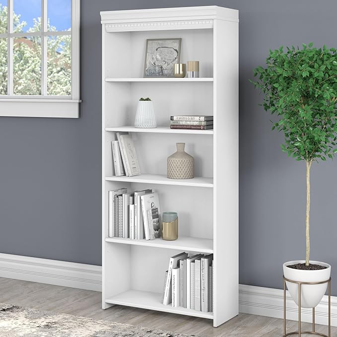 Bush Furniture Fairview Tall 5 Shelf Bookcase in Pure White and Shiplap Gray - LeafyLoom
