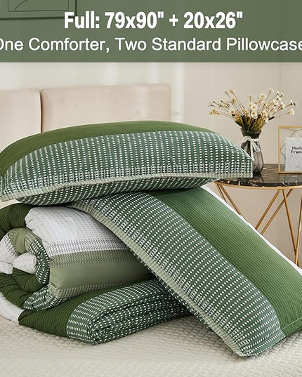 Litanika Olive Green Comforter Set Full - 3 Pieces Lightweight Olive Green White Colorblock Stripe Fluffy Bedding Comforter Sets, All Season Bed Set - LeafyLoom