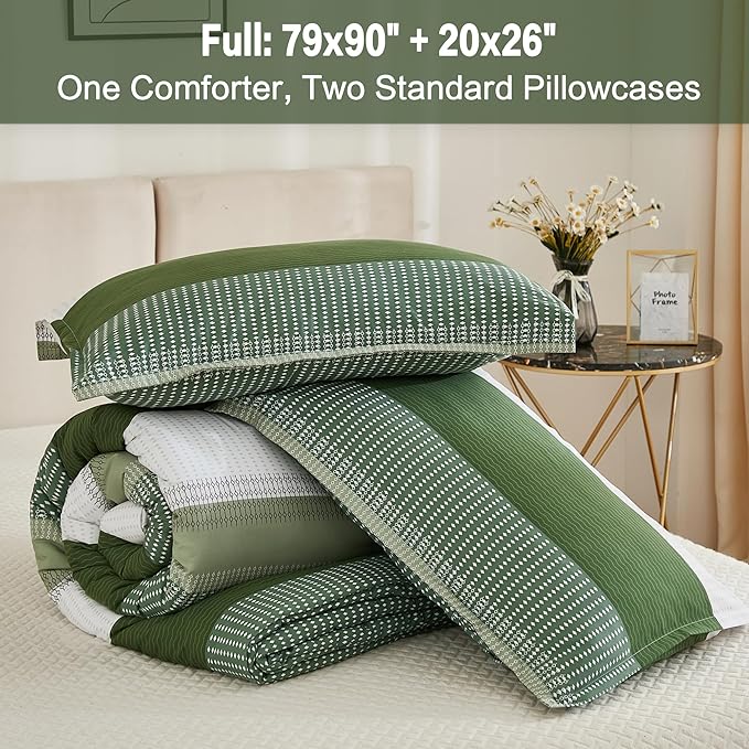 Litanika Olive Green Comforter Set Full - 3 Pieces Lightweight Olive Green White Colorblock Stripe Fluffy Bedding Comforter Sets, All Season Bed Set - LeafyLoom