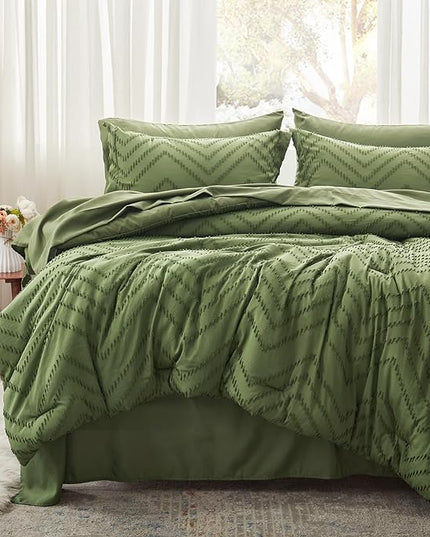 Anluoer Queen Comforter Set, Olive Green Tufted Bed in a Bag 7 Pieces with comforters and sheets, All Season Bedding Sets with 1 Comforter, 2 PillowShams, 2 Pillowcases, 1 Flat Sheet, 1 Fitted Sheet - LeafyLoom