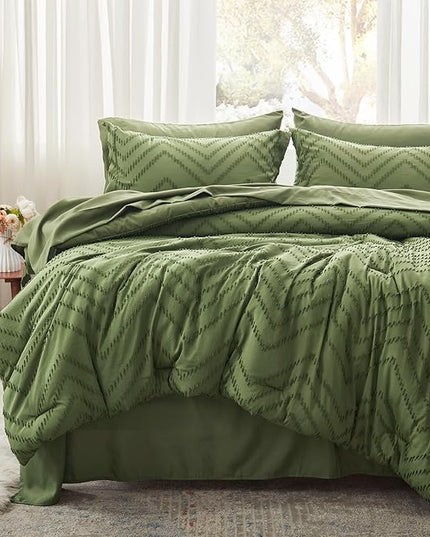 Anluoer Twin Comforter Set, Olive Green Tufted Bed in a Bag 5 Pieces with comforters and sheets, All Season Bedding Sets with 1 Comforter, 1 PillowShams, 1 Pillowcases, 1 Flat Sheet, 1 Fitted Sheet - LeafyLoom
