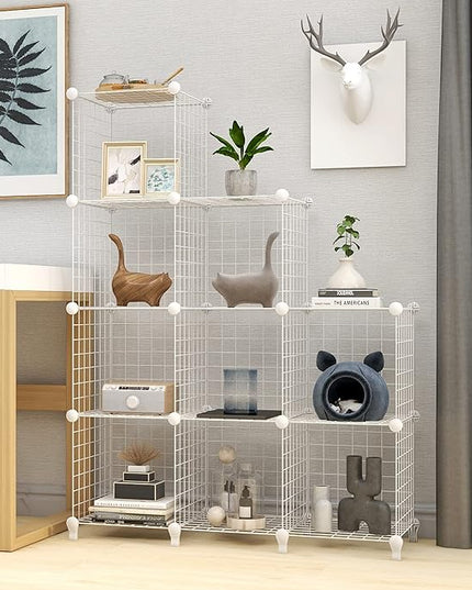 Wolizom Wire Cube Storage, Metal Grids Shelves Bookshelf, Stackable Modular Shelving Organizer, DIY Closet Bookcase Bookshelf, Grid Storage Shelf for Bedroom, Living Room, Office (White, 9 Cube) - LeafyLoom