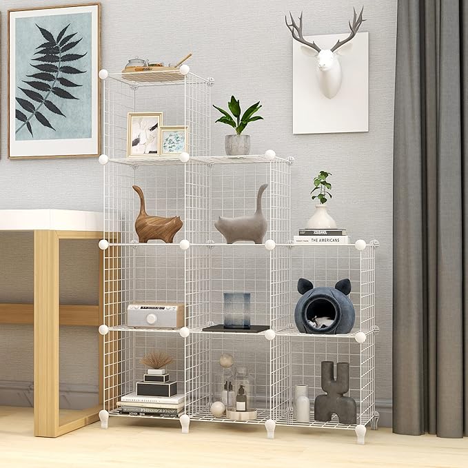 Wolizom Wire Cube Storage, Metal Grids Shelves Bookshelf, Stackable Modular Shelving Organizer, DIY Closet Bookcase Bookshelf, Grid Storage Shelf for Bedroom, Living Room, Office (White, 9 Cube) - LeafyLoom