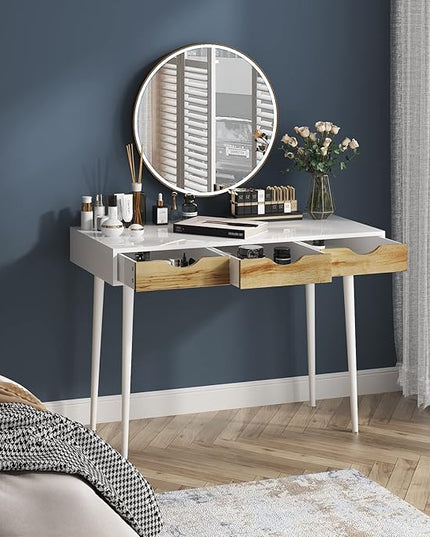 SogesHome 43.3 Computer Desk, Home Office Work Table with 3-Drawers, Gaming Working Writing Table, White&Teak - LeafyLoom