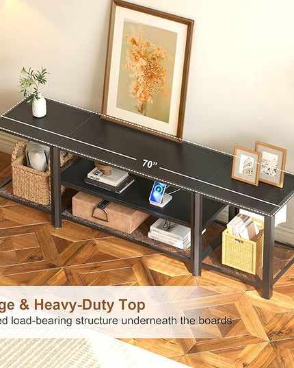 Industrial TV Stand with Power Outlet for 55/65/70/75 inch TVs, 3-Tier Entertainment Center, TV Console Table with Open Storage Shelves, Wood TV Stand for Living Room, Bedroom, Black - LeafyLoom