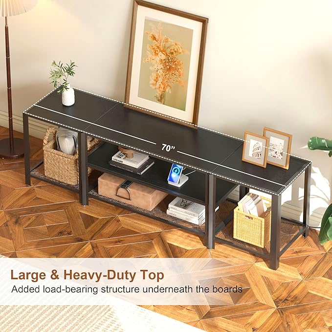 Industrial TV Stand with Power Outlet for 55/65/70/75 inch TVs, 3-Tier Entertainment Center, TV Console Table with Open Storage Shelves, Wood TV Stand for Living Room, Bedroom, Black - LeafyLoom