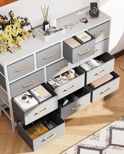 ODK Dresser with Charging Station, 57-Inch Long Dresser TV Stand for Bedroom, Large Dresser with 13 Storage Drawers, Chest of Drawers Easy-Pull Fabric Dressers for Living Room, Grey - LeafyLoom