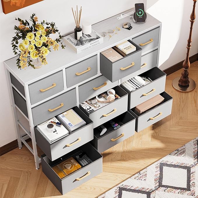 ODK Dresser with Charging Station, 57-Inch Long Dresser TV Stand for Bedroom, Large Dresser with 13 Storage Drawers, Chest of Drawers Easy-Pull Fabric Dressers for Living Room, Grey - LeafyLoom