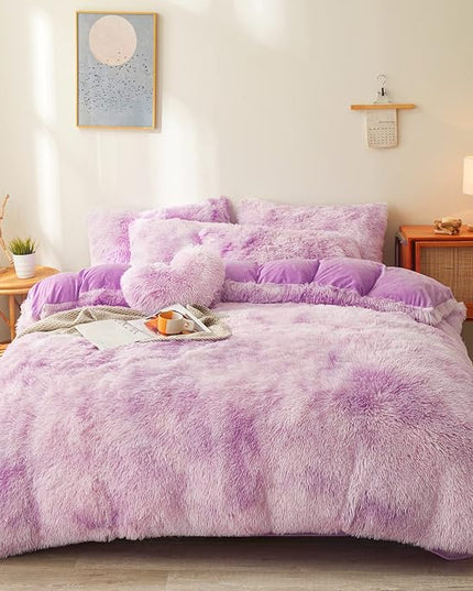 Tie dye Lavender Plush Fluffy Comforter Cover Set Queen - Ultra Soft Faux Fur tie dye Bedding Sets 3 Pieces (1 Shaggy Duvet Cover + 2 Pillow case) Fluffy Bed Set (Tie Dye Lavender, Queen) - LeafyLoom