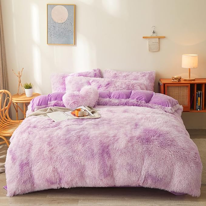Tie dye Lavender Plush Fluffy Comforter Cover Set Queen - Ultra Soft Faux Fur tie dye Bedding Sets 3 Pieces (1 Shaggy Duvet Cover + 2 Pillow case) Fluffy Bed Set (Tie Dye Lavender, Queen) - LeafyLoom