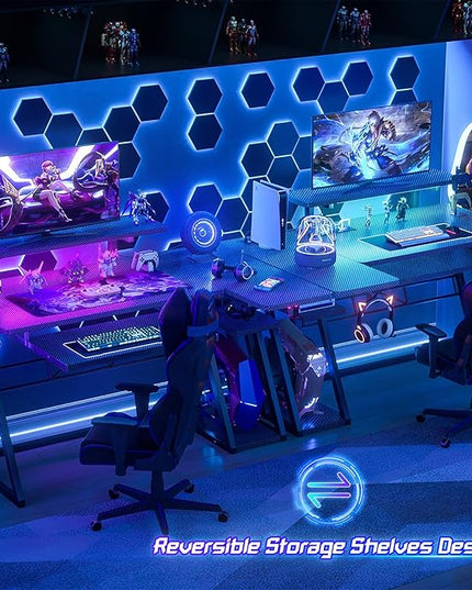 Gaming Desk with Shelves and Outlets, L Shaped Gaming Desk with LED Lights, Reversible L Shaped Computer Desk for Gamer, Carbon Fiber Black, 47" - LeafyLoom