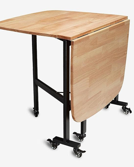 Multifunction Table Drop Leaf Dining Table - 47" Solid Wooden Foldable Kitchen Table with 6 Wheels (Natural) - LeafyLoom