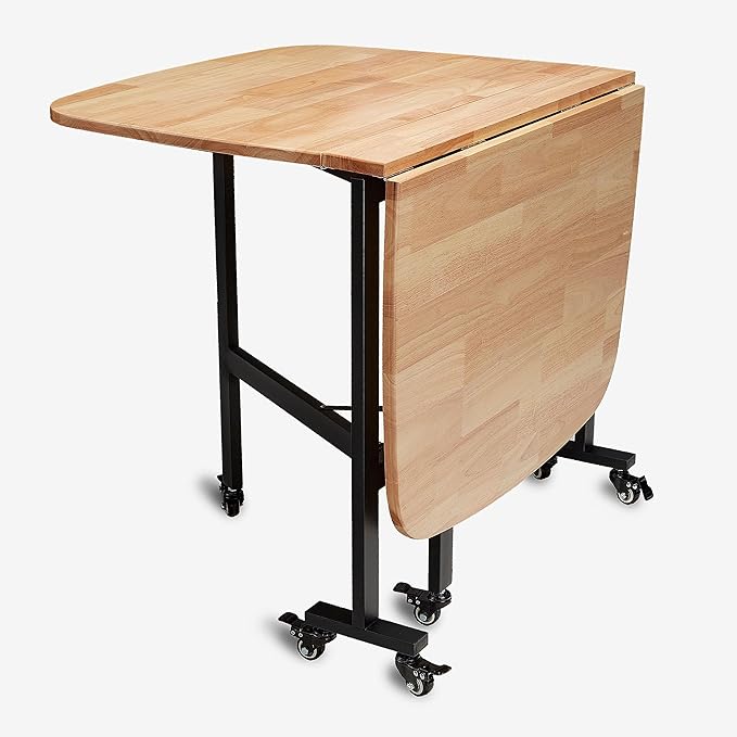 Multifunction Table Drop Leaf Dining Table - 47" Solid Wooden Foldable Kitchen Table with 6 Wheels (Natural) - LeafyLoom