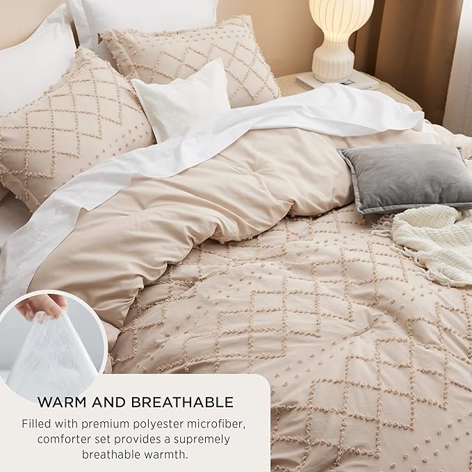 Bedsure King Size Comforter Set - Warm Tan Boho Tufted Shabby Chic Bedding Comforter Set, 3 Pieces Vintage Farmhouse Bed Set for All Seasons, Fluffy Soft Bedding Set with 2 Pillow Shams - LeafyLoom