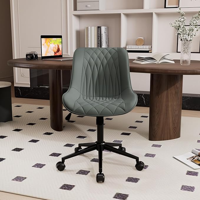 YOUNIKE Office Chair with Wheels Armless Desk Chair Swivel Rolling Task Chair with Back Upholstered Faux Leather Modern Computer Chair Height Adjustable, Greyish Green - LeafyLoom
