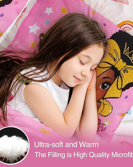 A Nice Night Black Girl Little Princess Comforter Set, Pink 6Pcs Bed in A Bag Twin Size Sparkling Stars Bedding Set,for Kids, Girls - LeafyLoom