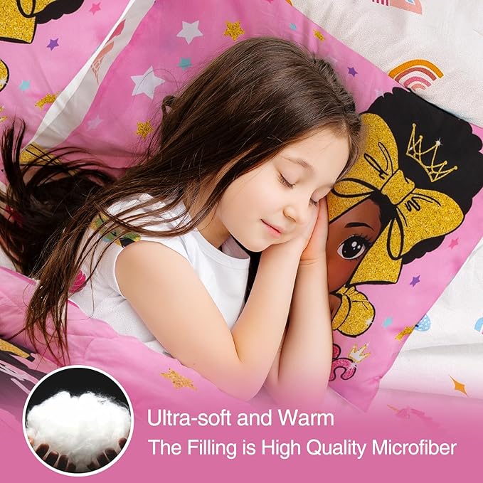 A Nice Night Black Girl Little Princess Comforter Set, Pink 6Pcs Bed in A Bag Twin Size Sparkling Stars Bedding Set,for Kids, Girls - LeafyLoom