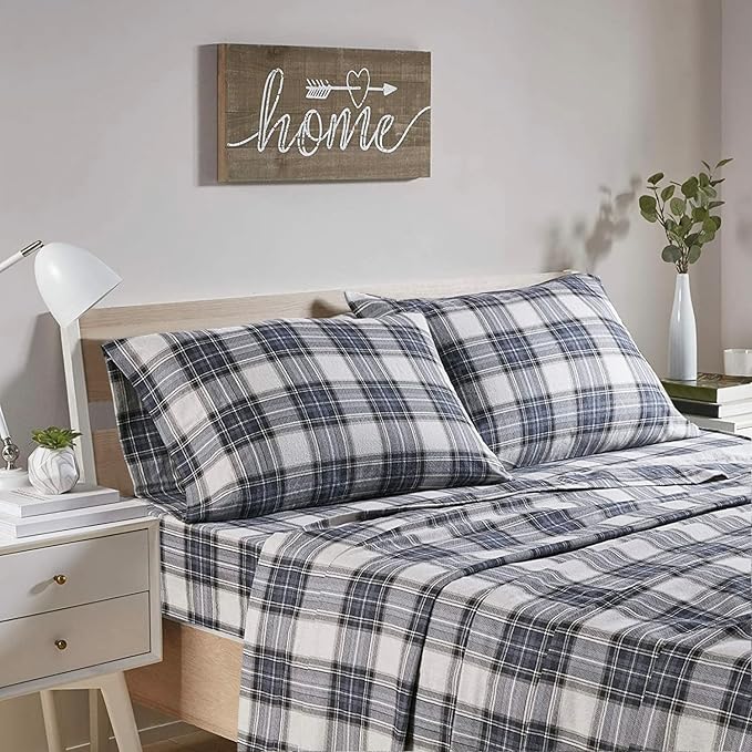 Comfort Spaces Cotton Flannel Breathable Warm Deep Pocket Sheets with Pillow Case Bedding, Queen, Blue Plaid Scottish Plaid 4 Piece - LeafyLoom