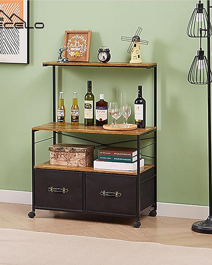 VECELO Mobile Lateral File Cabinet Rolling Printer Stand with 3 Open Storage Shelf, Ideal for Letter Size Folders, with Lockable Casters, Strong Steel Frame, Perfect for Office, 2 Drawer, Brown+Black - LeafyLoom