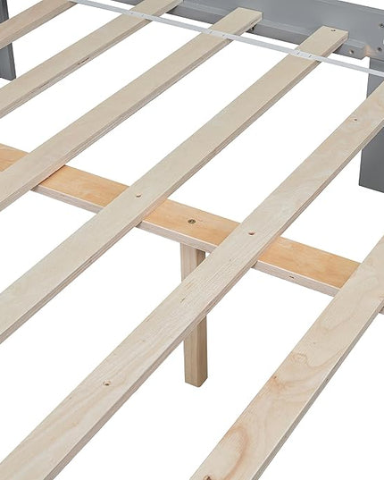 Full Bed with Footboard Bench, Full Kid Bed with Headboard, Wood Slat Support, Cute Kid Bed Frame with Book Storage Space, Full Car Bed for Boys Girls Bedroom, No Box Spring Needed, Grey - LeafyLoom