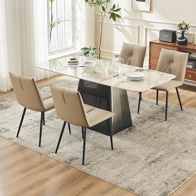 YOUTASTE Dining Chairs Set of 2 Mid Century Modern Upholstered Kitchen Chairs Soft Padded Side Chairs Leather Dinner Chairs with Metal Legs for Living Room Bedroom, Khaki - LeafyLoom