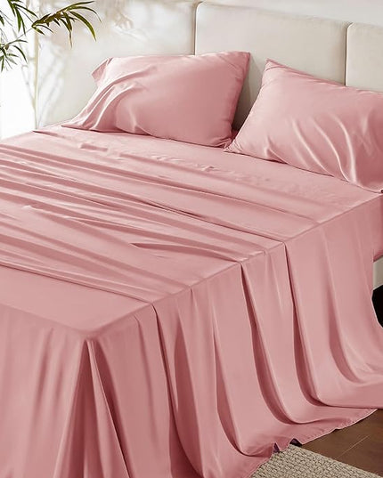 Bedsure King Size Sheet Set, Cooling Sheets King, Rayon Derived from Bamboo, Deep Pocket Up to 16", Breathable & Soft Bed Sheets, Hotel Luxury Silky Bedding Sheets & Pillowcases, Blush Pink - LeafyLoom