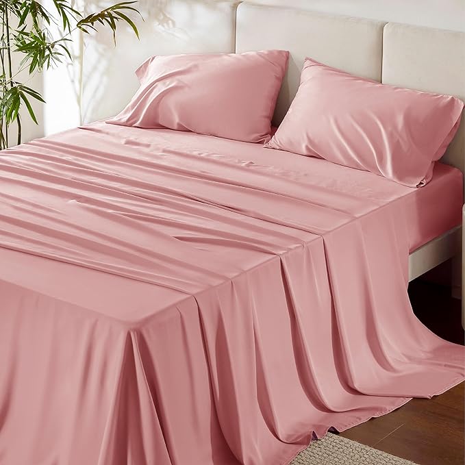 Bedsure King Size Sheet Set, Cooling Sheets King, Rayon Derived from Bamboo, Deep Pocket Up to 16", Breathable & Soft Bed Sheets, Hotel Luxury Silky Bedding Sheets & Pillowcases, Blush Pink - LeafyLoom