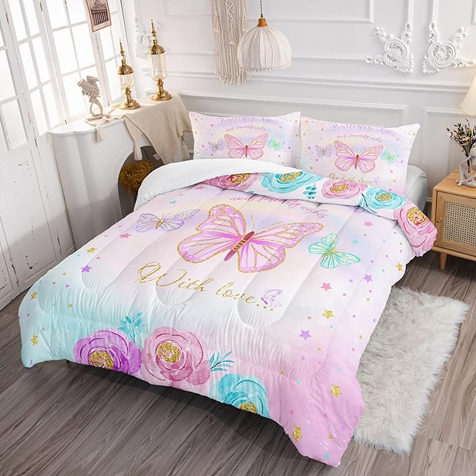 CVHOUSE Butterfly Bedding Set,Butterfly Comforter Twin,Butterfly Comforter Set for Girls Kids Teens,Butterflies Quilt Set with 1 Comforter and 2 Pillow Cases- 3 Piece - LeafyLoom