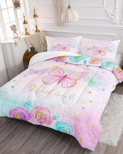CVHOUSE Butterfly Bedding Set,Butterfly Comforter King,Butterfly Comforter Set for Girls Kids Teens,Butterflies Quilt Set with 1 Comforter and 2 Pillow Cases- 3 Piece - LeafyLoom