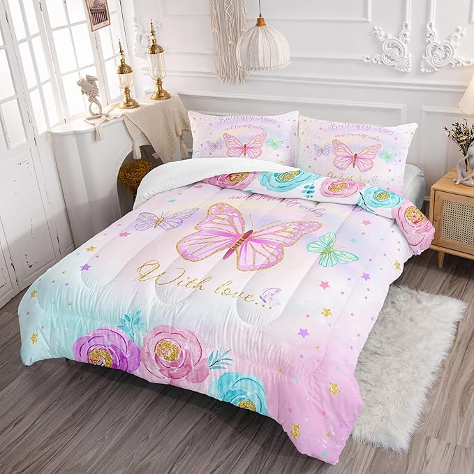 CVHOUSE Butterfly Bedding Set,Butterfly Comforter King,Butterfly Comforter Set for Girls Kids Teens,Butterflies Quilt Set with 1 Comforter and 2 Pillow Cases- 3 Piece - LeafyLoom
