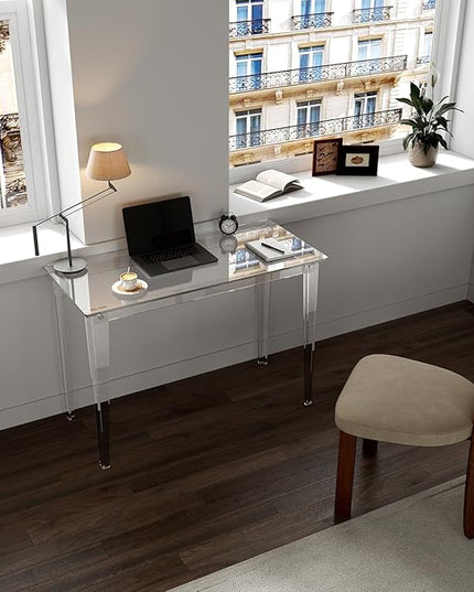 HMYHUM Acrylic Computer Desk, 43.3 Inch, Clear Study Desk for Home Office, Writing, Vanity, Modern, Easy Assembly, 19.7" W x 29.5" H, Right-Angle Legs Design - LeafyLoom