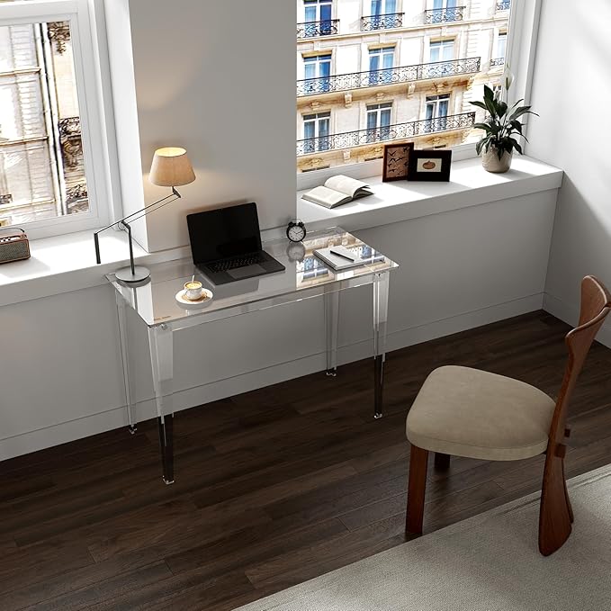 HMYHUM Acrylic Computer Desk, 43.3 Inch, Clear Study Desk for Home Office, Writing, Vanity, Modern, Easy Assembly, 19.7" W x 29.5" H, Right-Angle Legs Design - LeafyLoom