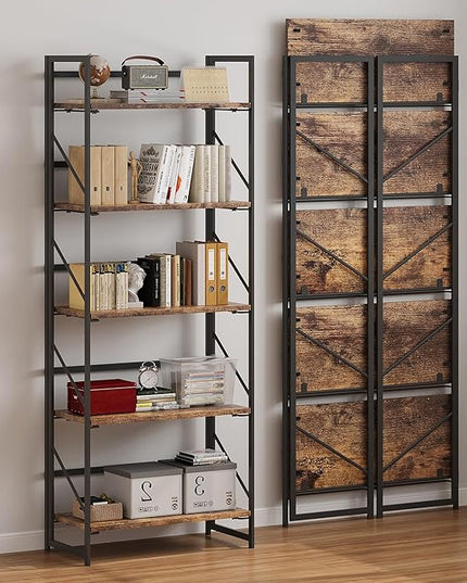 JSB No Assembly Folding Bookshelf, 5 Tier Industrial Metal Book Shelf for Storage, Vintage Wood foldable Bookcase for Living Room, Bedroom, Office Organization Shelves - LeafyLoom