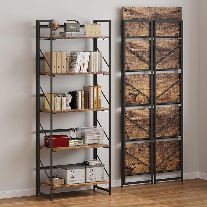 JSB No Assembly Folding Bookshelf, 5 Tier Industrial Metal Book Shelf for Storage, Vintage Wood foldable Bookcase for Living Room, Bedroom, Office Organization Shelves - LeafyLoom