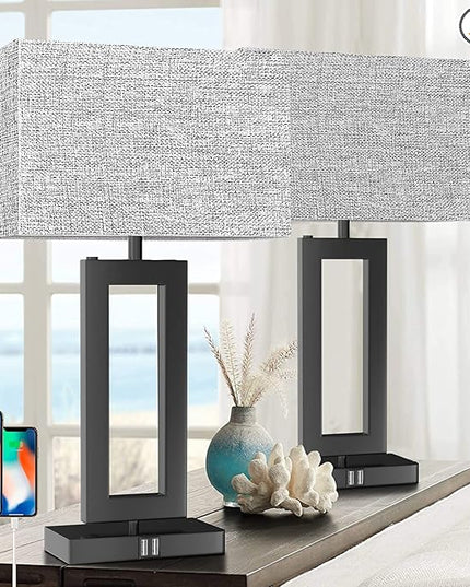 22’’ Tall Set of 2 Touch Control Table Lamp w. 2 USB Ports, 3-Way Dimmable Modern Bedroom Bedside Touch Lamps w. Fabric Gray Shade for Living Room End Table Nightstand Reading - LeafyLoom