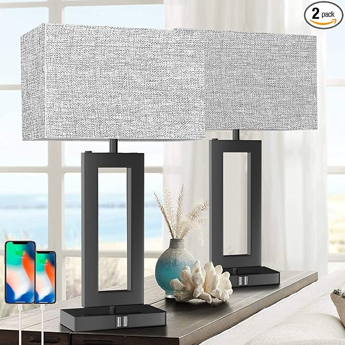 22’’ Tall Set of 2 Touch Control Table Lamp w. 2 USB Ports, 3-Way Dimmable Modern Bedroom Bedside Touch Lamps w. Fabric Gray Shade for Living Room End Table Nightstand Reading - LeafyLoom