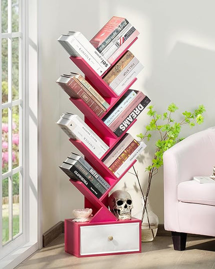 8 Tier Tree Bookshelf with Drawer, Free Standing Wood Bookcase for Narrow Space, Storage Organizer Bookshelves for Books, Book Case for Home Office, Living Room, Bedroom - Pink - LeafyLoom