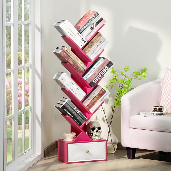 8 Tier Tree Bookshelf with Drawer, Free Standing Wood Bookcase for Narrow Space, Storage Organizer Bookshelves for Books, Book Case for Home Office, Living Room, Bedroom - Pink - LeafyLoom